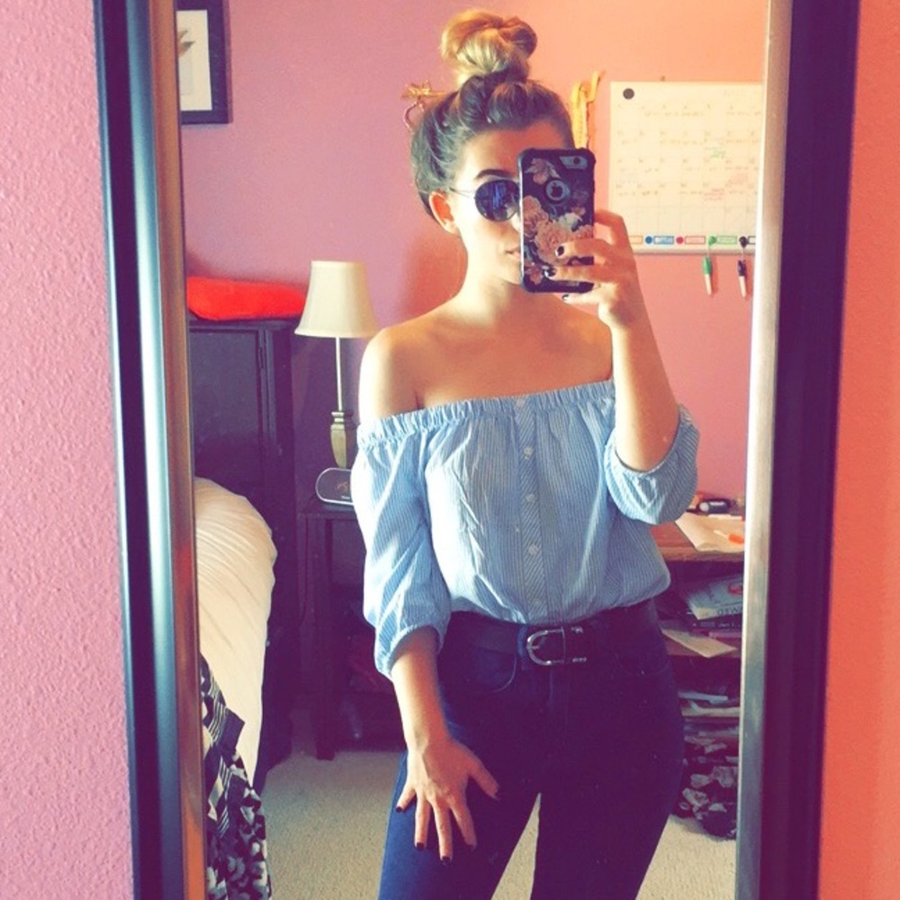 Blue Striped Off the Shoulder Top